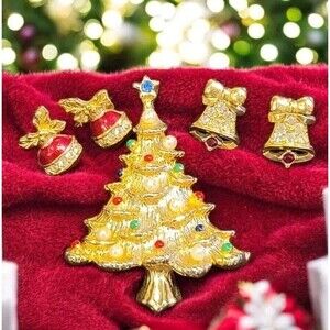 Vintage Lot Christmas Tree Brooch, Avon Ornaments & Monet Bell Rhinesto Earrings